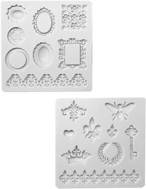 2PCS Silicone Fondant Cake Decorating Mold for Chocolate, Baking, Sugar Craft, Soap, Cupcake - Bee Crown Key Mirror
