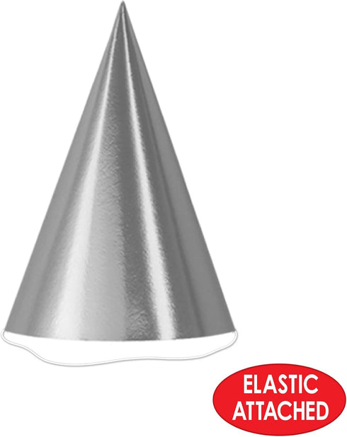 Beistle 24-Piece Cone Hats in Silver, Classic Elegant Party Supplies for Birthdays, Anniversaries