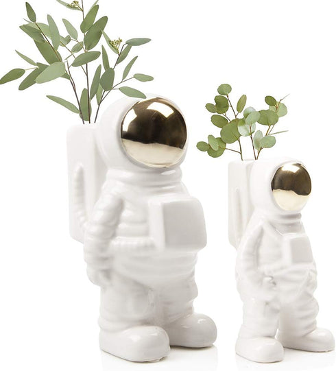 CHIVE - Astronaut Shape Vase, Simple Modern Flower Bud Planter, White and Gold (Medium)