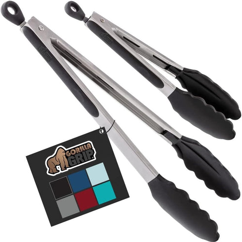 Gorilla Grip BBQ Kitchen Tongs Set of 2, 7 and 9 Inch, Black, Non Scratch Silicone Tip for Nonstick Cooking Pans