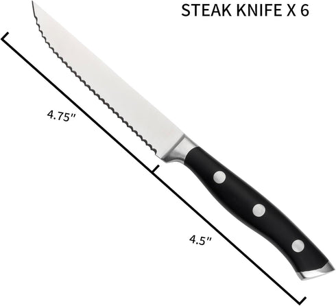 6-Piece Set, 4.7 Inch Alata Steak Knives with Serrated Edge Razor-Sharp Dinner Knives, Full-Tang Construction