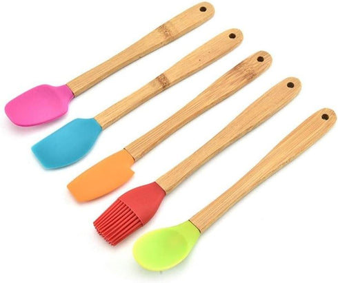 Vctitil 3 Pcs Mini Silicone Spoons, Heat Resistant Mini Stirring Spoon with Bamboo Handle for Cooking, Baking, Mixing,