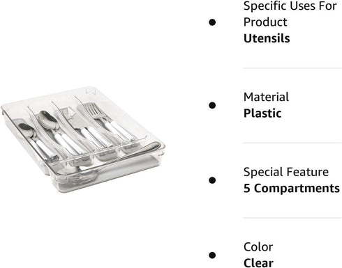 Kitchen Details 23195 Utensil and Cutlery Drawer Organizer, 5 Compartment Clear Storage Divider Tray