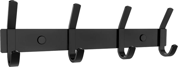 Matte Black Coat Rack Wall Mount, 12 Inch Stainless Steel Hook Rail with 4 Double Hooks for Entryway Organizer