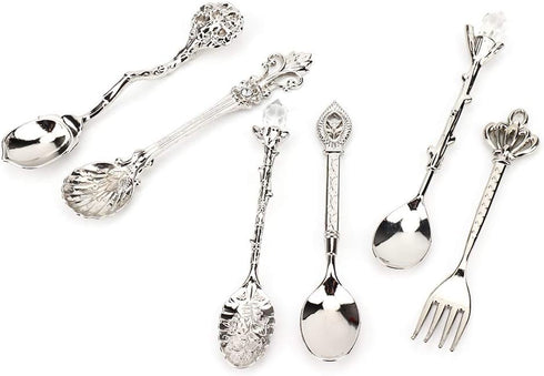 Fdit 6Pcs Vintage Carved Coffee Spoon Set, Retro Zinc Alloy Dessert Cutlery for Kitchen (Silver)