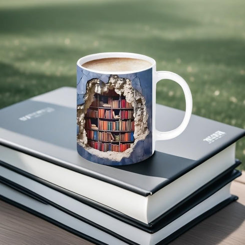 3D 11oz Library Bookshelf Mug, Bookshelf Design Ceramic Coffee Cup with Visual Effect, Book Lovers Gifts for Readers