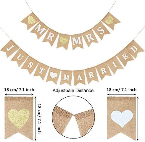 2 Pieces Mr and Mrs Banner, Just Married Burlap Wedding Bridal Shower Garland for Party