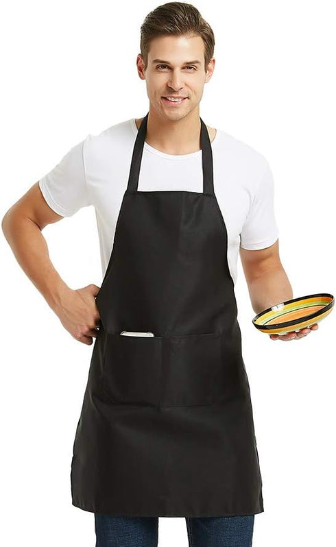 DUSKCOVE 8 Pack Commercial 2 Bib Aprons Bulk - Unisex Yellow Apron with Pockets for Kitchen Crafting BBQ Drawing