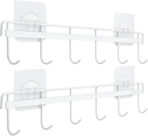 YiZhi Wall Mounted Adhesive Hooks Rack, Space Saving Utensil Holder with 6 Hooks, No Drilling, Pack of 2 (White)
