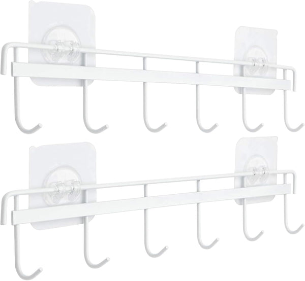 YiZhi Wall Mounted Adhesive Hooks Rack, Space Saving Utensil Holder with 6 Hooks, No Drilling, Pack of 2 (White)