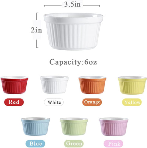 Ramekins 6oz Oven Safe,Creme Brulee Ramekins and Souffle Dishes,Porcelain Ramekin Baking Bowls,Dipping Sauce Dish.Pudding Cups,Set of 6,Pink