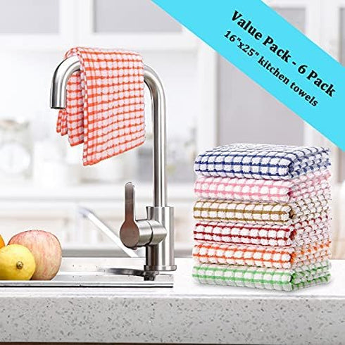 LAZI Kitchen Dish Towels, 6 Pack Bulk Cotton Dish Cloths, 16 Inch x 25 Inch for Drying Dishes