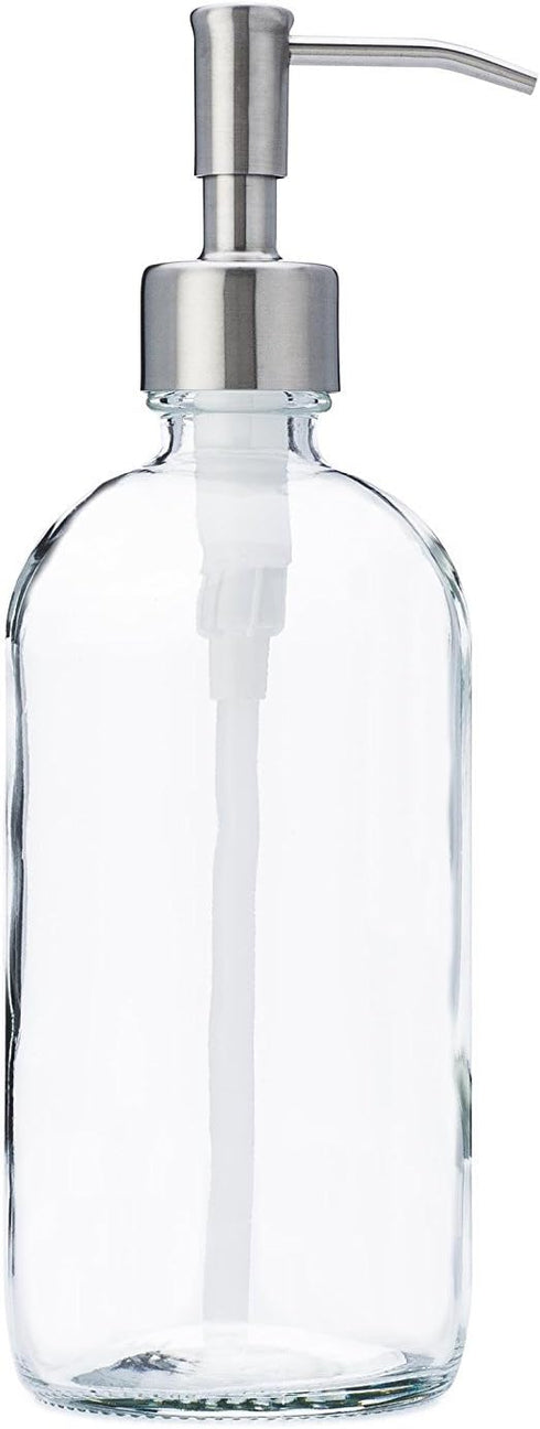 Clear Glass Jar Soap and Lotion Dispenser with Stainless Steel Pump, 16 oz.