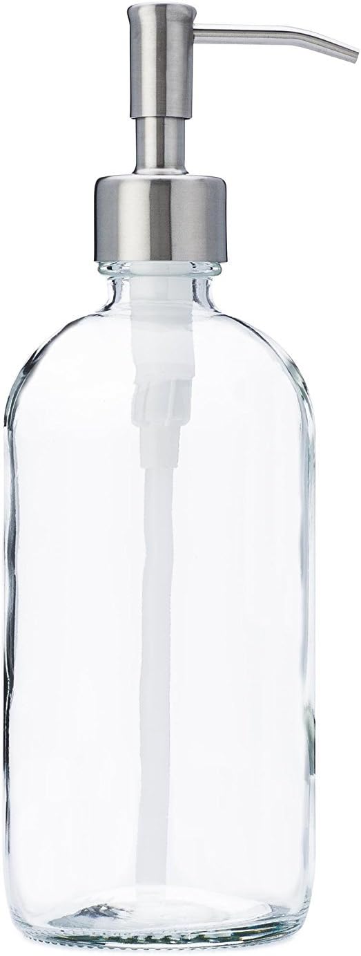 Clear Glass Jar Soap and Lotion Dispenser with Stainless Steel Pump, 16 oz.