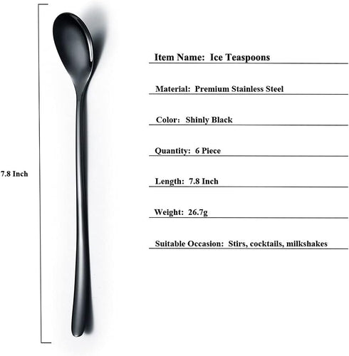 Black Long Handle Spoon, Coffee Stirrers, Premium Stainless Steel Ice Tea Spoons, Ice Cream Spoon, Cocktail Stirring Spoons, Set of 6 (Black)