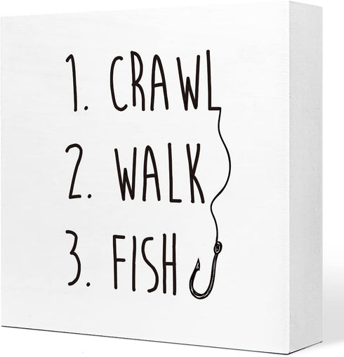 Ruvoty Crawl Walk Fish Rustic Wooden Sign Desk Decor,Funny Baby Fishing Wood Block