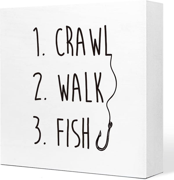 Ruvoty Crawl Walk Fish Rustic Wooden Sign Desk Decor,Funny Baby Fishing Wood Block