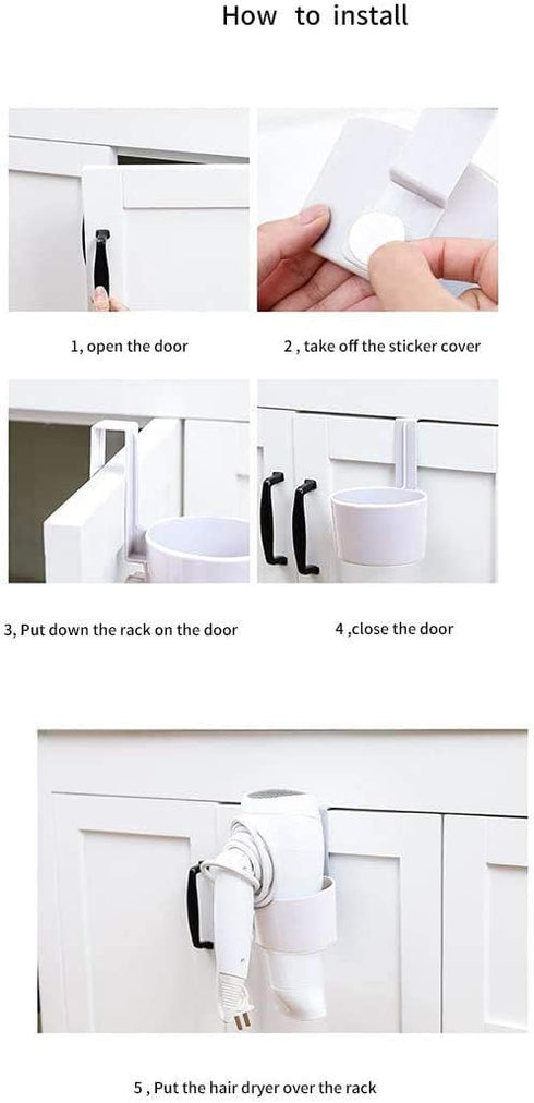 Over-The-Cabinet Hair Dryer Rack, Hair Dryer Holder Holster for Master, Guest, Kid's Bathroom, Vanity - White, 5.4" x