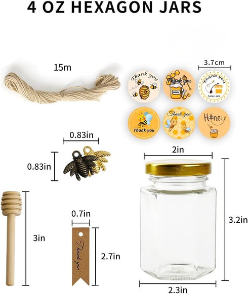 Rormket 12 Pack 4oz 12 Glass Hexagon Honey Jars Golden Lids - Extra Wooden Honey Dipper Sticks, Bee Charms, Tag String