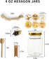 Rormket 12 Pack 4oz 12 Glass Hexagon Honey Jars Golden Lids - Extra Wooden Honey Dipper Sticks, Bee Charms, Tag String