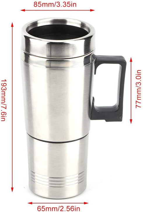 12V Car Heating Cup: Stainless Steel Heating Coffee Thermos Mug, Portable Water Heater with Airtight Lid for Travel