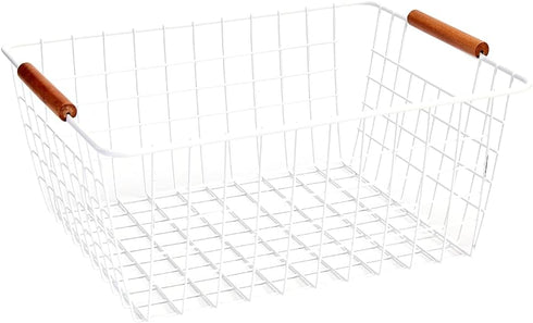 LeleCAT Large White Wire Baskets with Wooden Handles for Storage, Organizer Baskets for Cabinets, Closets, Kitchen