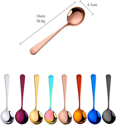 Broth Round Spoon Set, 8-Piece Reusable Stainless Steel Dinner Table Spoons for Cereal, Soup, Camping, Ramen