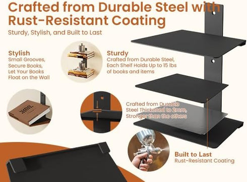 4 2 Pack Wawocs Invisible Bookshelf for Wall, Tier Floating Bookshelf Made of Heavy Duty Metal, Vertical Spine Book