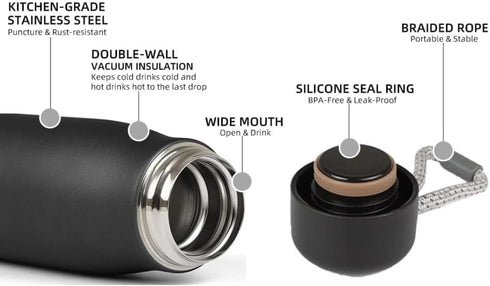 Water Bottle with Portable Lid, Metal Thermos Vacuum Insulated Stainless Steel, Reusable Leak Proof Flask (17oz, Black)