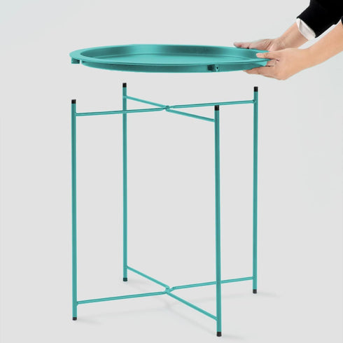 4 Garden you End Table Metal Side Table Green Round Folding Tray Cyan Sofa Small Accent Fold-able Table, Round End