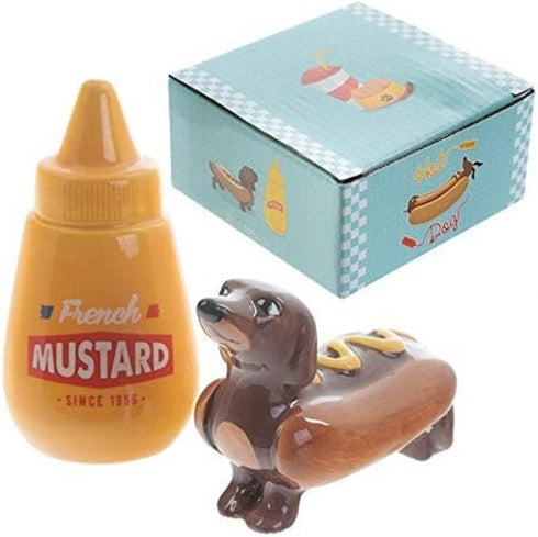 Sausage Dog in a Bun & Mustard Fast Food Ceramic Salt & Pepper Set