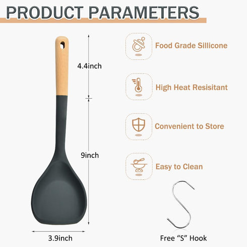 Wok Spatula, Silicone Wok Spatula Turner with Heat Resistant Wooden Handle, Kitchen Utensil Cooking Shovel Scoop Ladle for Scooping, Flipping, Stirring, Durable BPA-free Nonstick Cooking, 13.2Inch by Wiztoynia