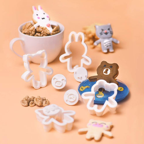 Cute Animal Cookie Cutters, 8-Piece Set Bear, Cat, Bunny, Piglet Cookie Cutter and Face Stamps