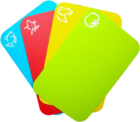 Small Flexible Plastic Cutting Board Mats, Set of 4 with Food Icons, Gripped Back, Dishwasher Safe