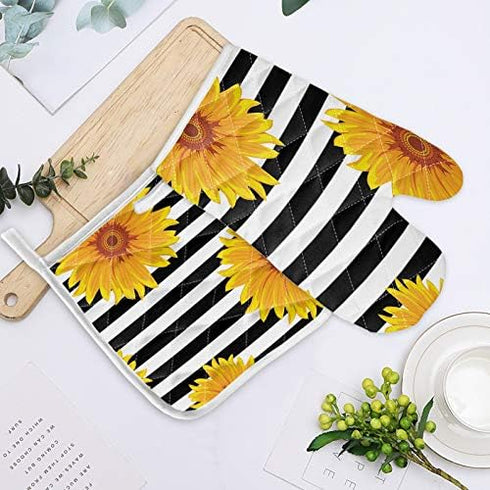 Set of Oven Mitt and Pot Holder, Sunflowers Oven Gloves, Heat Resistance Non-Slip for Kitchen BBQ Cooking