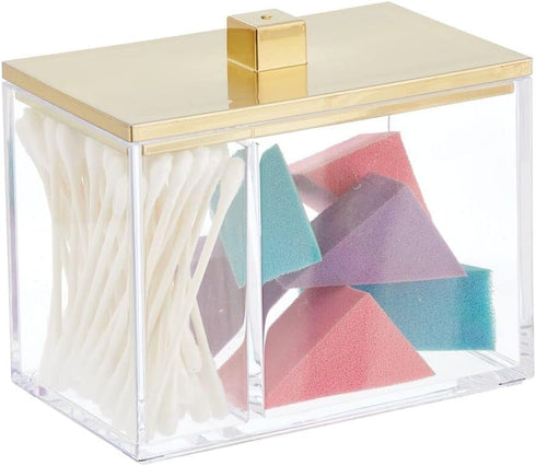 mDesign Modern Square Bathroom Vanity Storage Organizer Canister Jar for Cotton Swabs, Makeup Sponges - Clear/Soft Brass