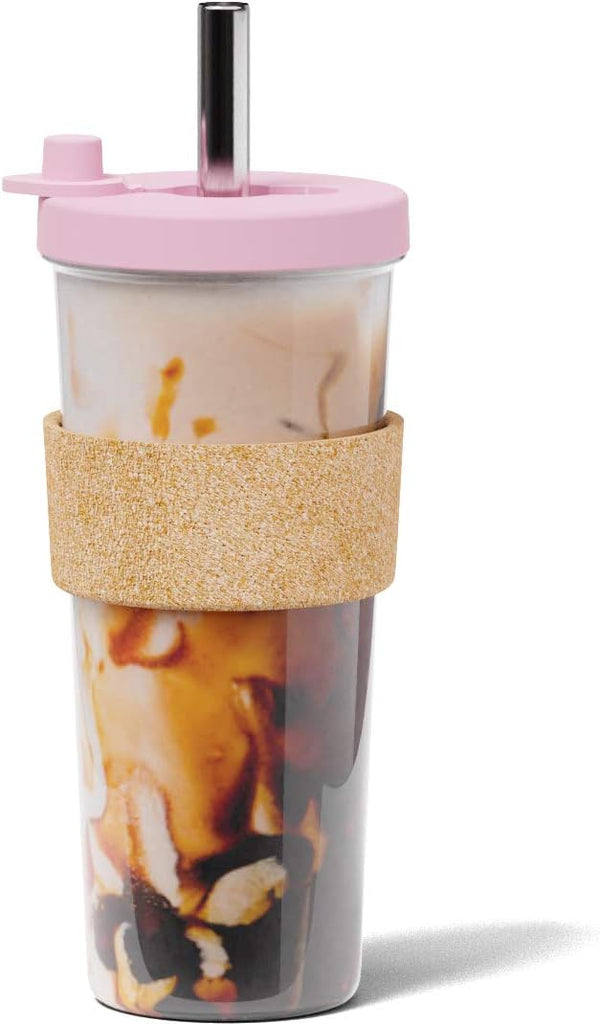 Dodoko Reusable Boba Cup with Straw, Iced Coffee & Smoothie Tumbler, 24 oz - Bubble Pink