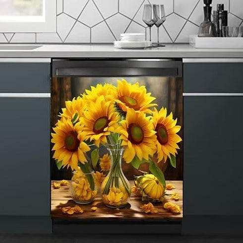 Modern Sunflower Dishwasher Magnet Cover, Appliance Sticker Blooming Sunflower Front Cover, 23" x 26"