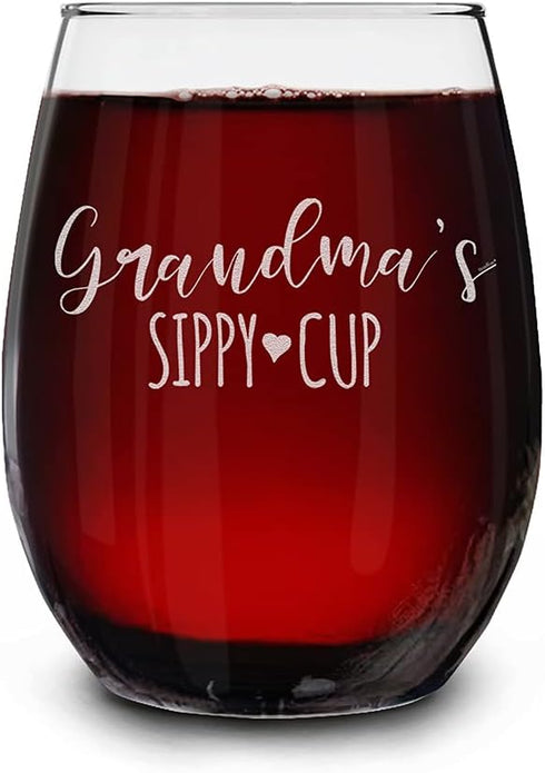 shop4ever Grandma's Sippy Cup Engraved Stemless Wine Glass, 15 oz, Mother's Day Gift for Grandmother