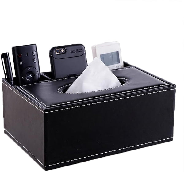 PU Leather Tissue Box Cover, Multifunctional Holder for Stationery and Remote Control, Stylish Desktop Organizer (Black)
