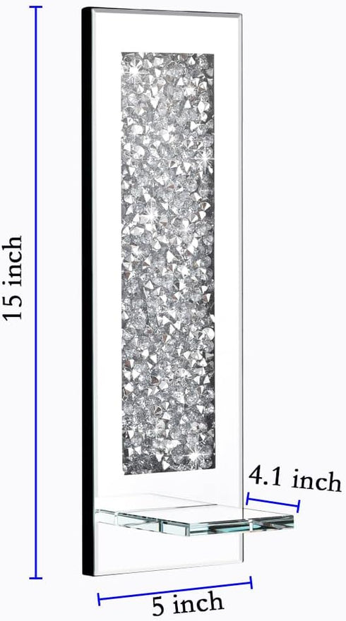 Pibeyer set 2, Crystal Crush Diamond Wall Candle holder of Rectangle Silver Mirrored Candle Sconces, Home Wall