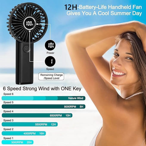 Mini Portable Fan, Powerful Handheld Fan with LED Display, 3 In 1 Personal Fan for Travel Outdoor (Black)