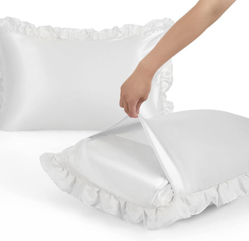 SiinvdaBZX Ruffled Queen Satin Pillowcase Set of 2, Ivory White Silky Satin Pillow Cases for Women, Ruffle Pillow Shams