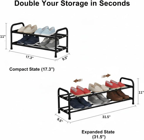 2-Tier 17.3"-31.5" 9.4" 4cm Closet Expandable Shoe Rack, Adjustable Length Metal Shoe Organizer, Slim Wide Heavy Duty