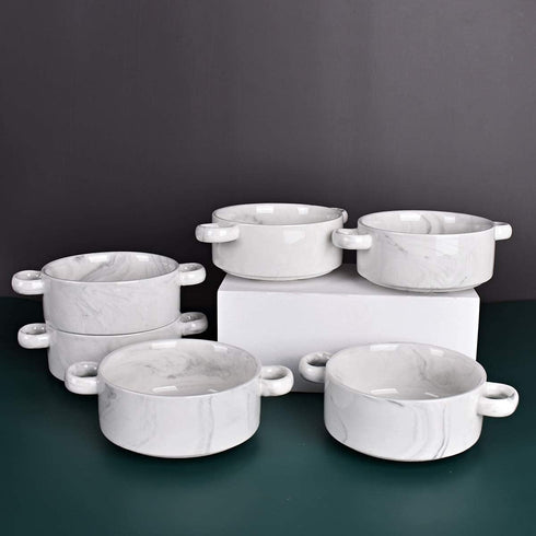 Bosmarlin Ceramic Marbling Souffle Dishes - 10 Oz Double Handle Ramekin for Baking, Set of 6 (Marbling Grey)