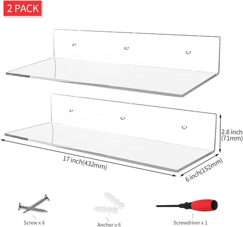 17 Inches 2 Pack Sezanrpt Acrylic Shelves, Wall Mounted Shelves for Bedroom, Wall Display Shelves for Collectibles