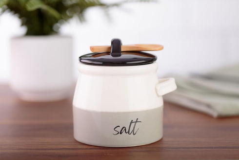 Keika Collective 10 oz 1.75 inch 3 inch Salt Cellar with Lid and Spoon - Handmade Ceramic Salt Keeper with Lid