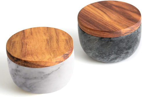 Large White Marble Base Wood Cover Salt Box with Spoon, Solid Natural Acacia Lid, Elegant Design Decorative Boxes, Big