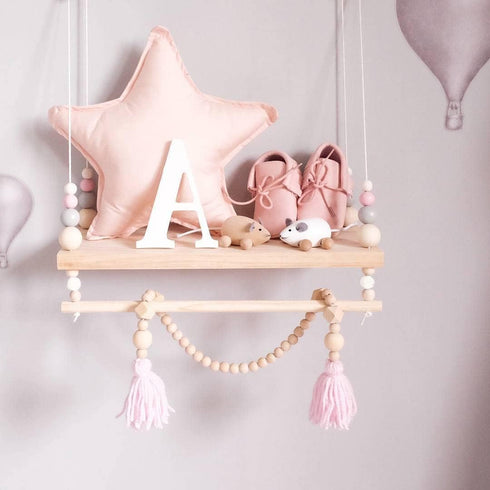 Macrame Wall Hanging Shelf, Hanging Shelves with Wooden Beads, Floating Shelf for Bedroom, Living Room, Corridor