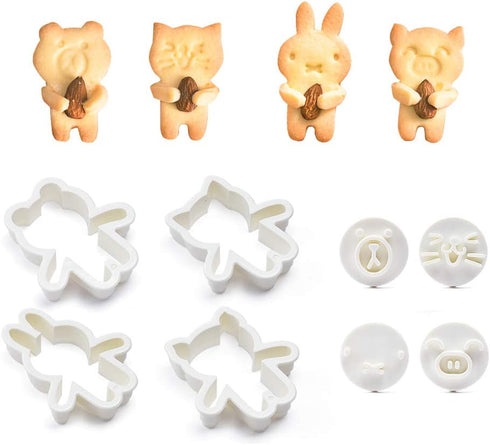 Cute Animal Cookie Cutters, 8-Piece Set Bear, Cat, Bunny, Piglet Cookie Cutter and Face Stamps